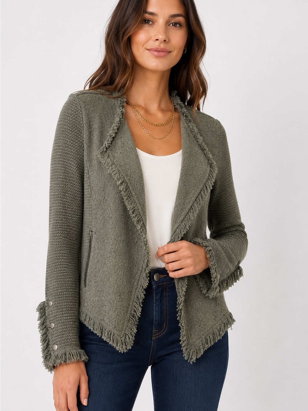 Nic+Zoe Michaela Fringe Mix Jacket Olive Green Textured Open Front NWT Large
